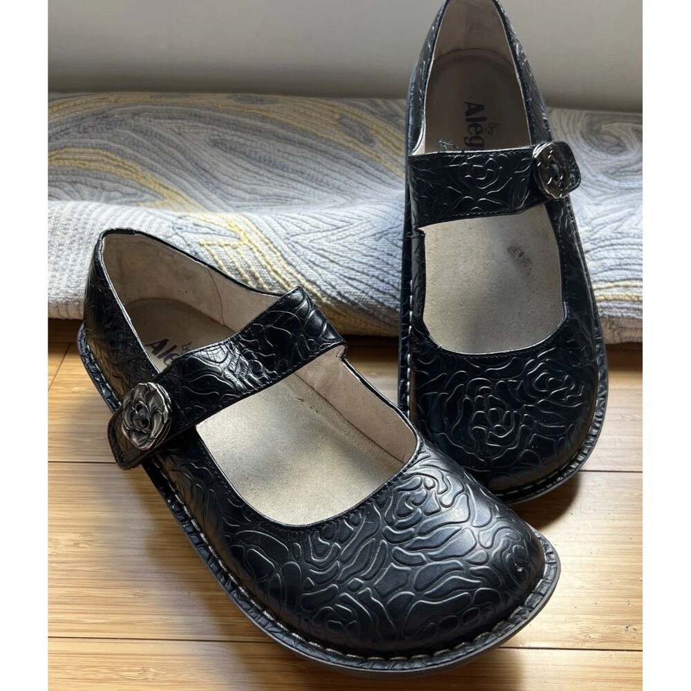 Alegria Paloma Women’s Black Leather Embossed Rose Comfort Mary Jane Clog 40/9.5
